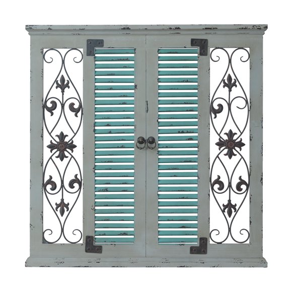 DecMode Beige Wooden Window Shutter Scroll Wall Decor with Metal Scrollwork Relief