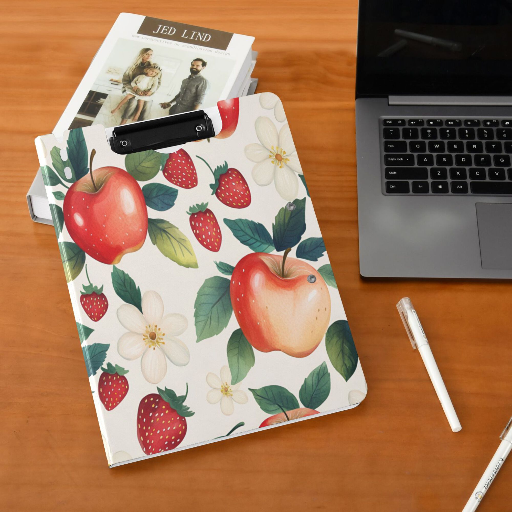 FORMRS A4 Clipboard Folder with Pen Holder Horizontal Foldable School Office Binder, Strawberry Pattern
