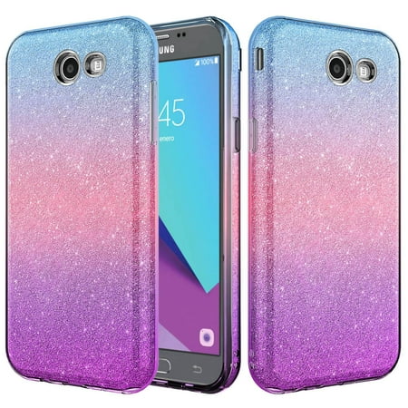 For Samsung Galaxy J7 Prime, J7 Sky Pro, J7 2017, J7 Perx, J7 V, Galaxy Halo Case, Slim Glitter Shine Hybrid TPU Case Cover - Blue