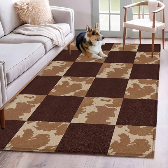 Rectangle Area Rugs 3 x 5 Ft, Vintage Patchwork Non-Slip Residential Carpet, Western Brown Animal Texture Plaid Indoor Crawling Mats Runner Rugs for Living Room/Dining Room/Bedroom