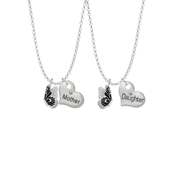 Delight Jewelry Silvertone Black Flying Butterfly Mother & Daughter Heart Necklaces (Set of 2), 19"+2"