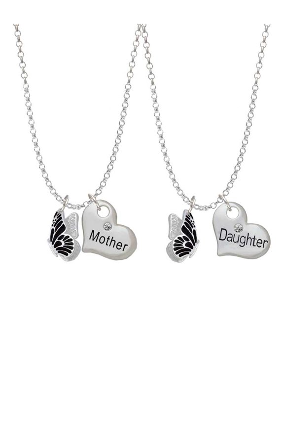Silvertone Black Flying Butterfly Mother & Daughter Heart Necklaces (Set of 2), 19"+2"