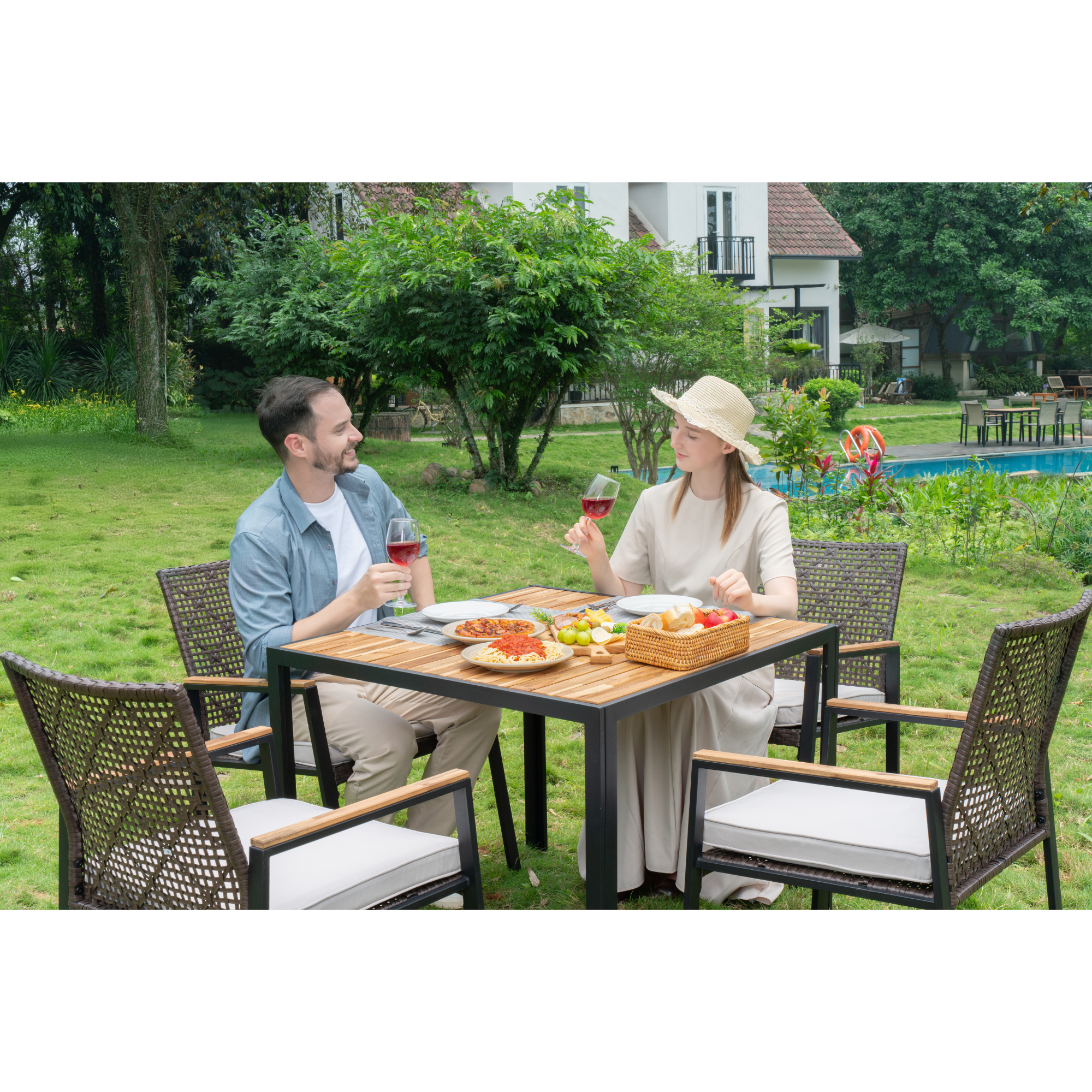 5-Piece Patio Dining Table Sets,All Weather Patio Furniture Sets Acacia Wood Table Top with Umbrella Hole,Dark Brown