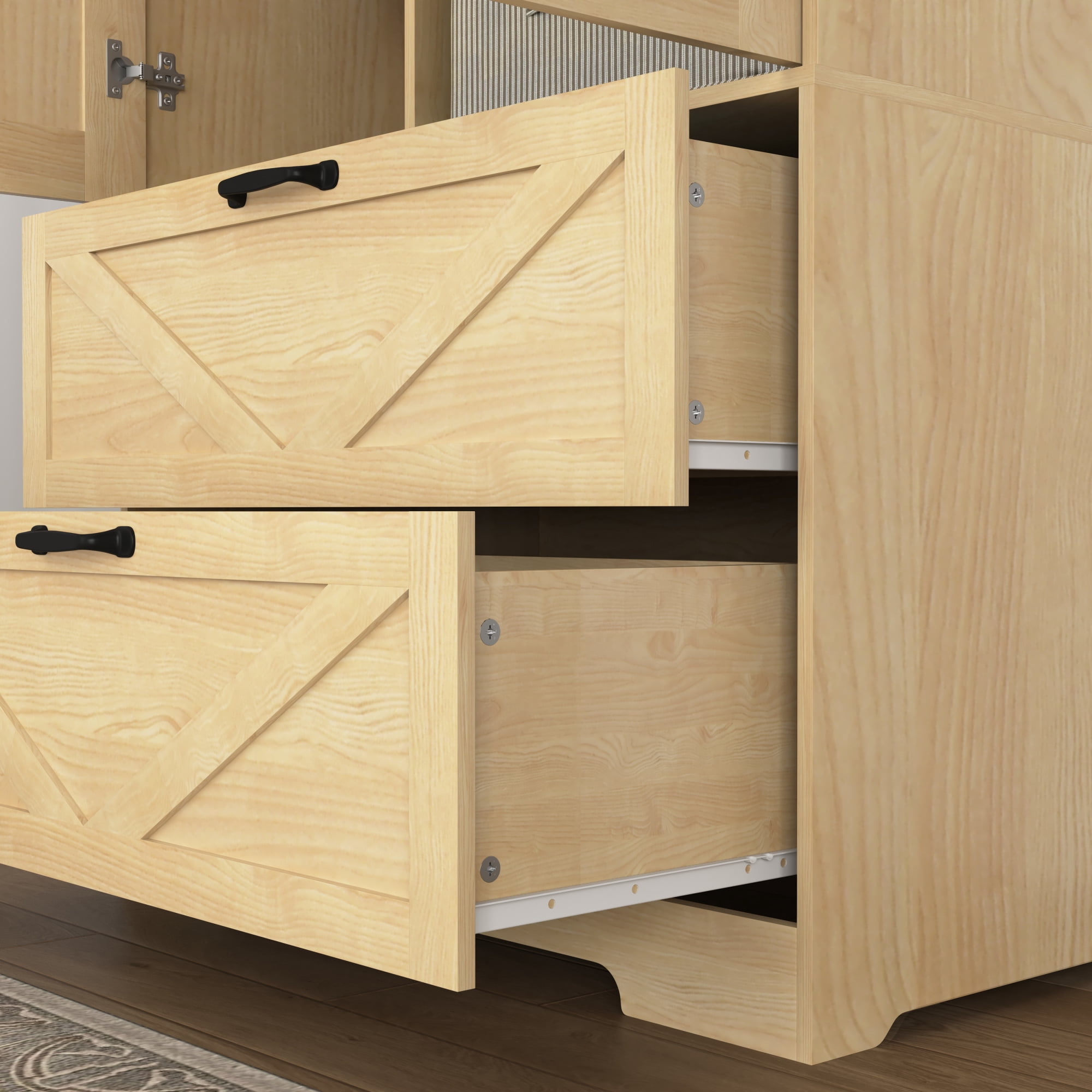 72" Tall 2 Doors Armoire Wardrobe Closet with 2 Drawers and Mirror, Multifunctional Wooden Wardrobe Storage Cabinet with Induction Light for Bedroom,Natural