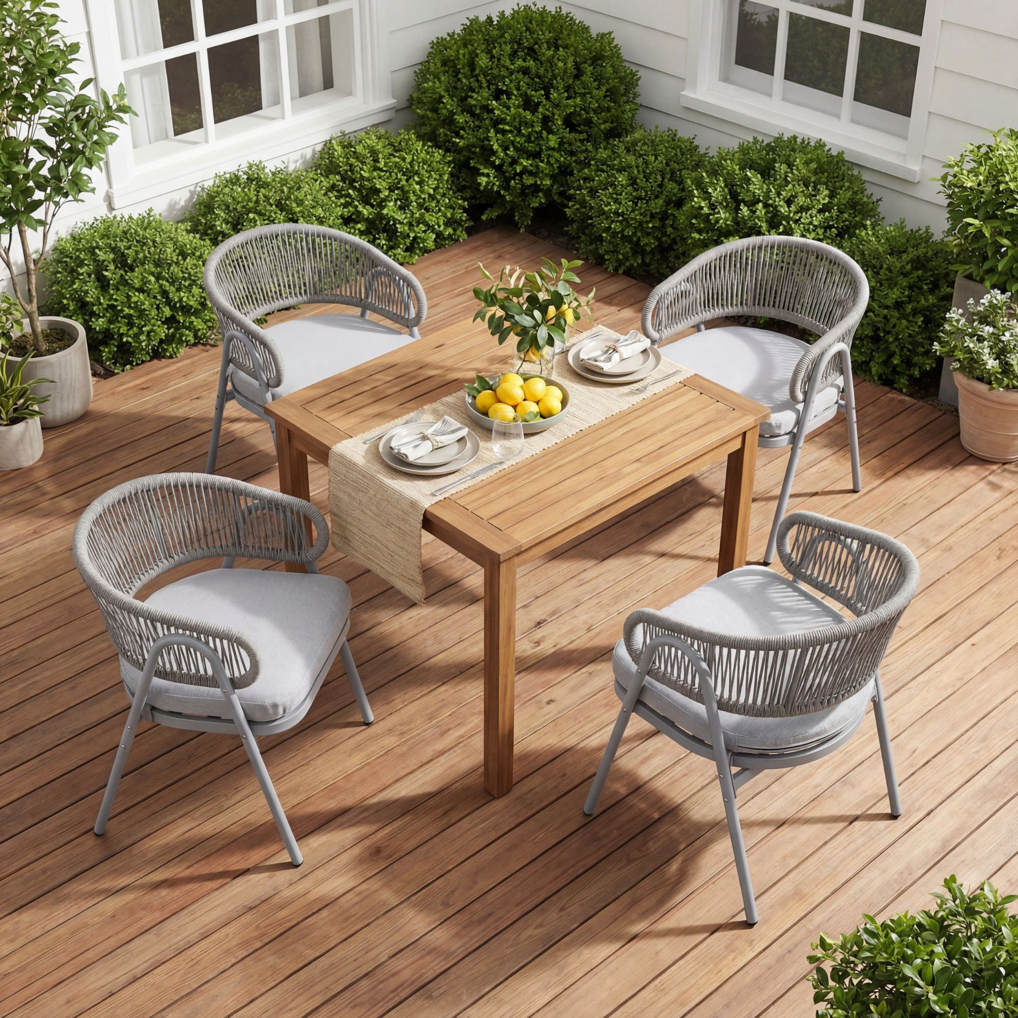Dayalane Outdoor Dining Chairs Set of 4, Modern Rope Woven Patio Armchairs with Curved Back, Weather-Resistant Metal Frame, Balcony Backyard Bistro Seating, Grey