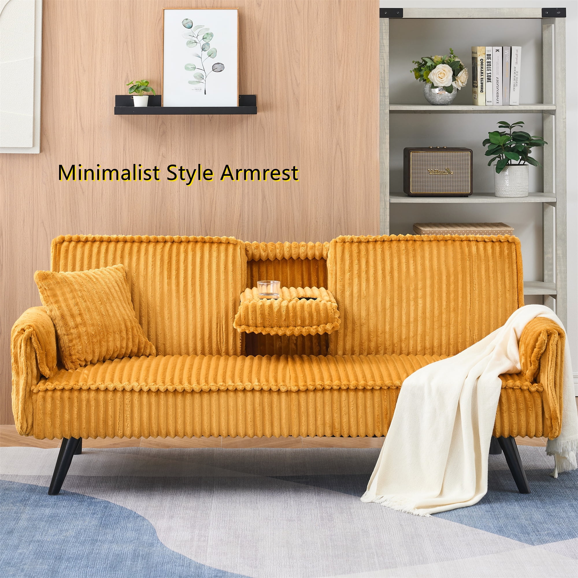 Aukfa Corduroy Futon Convertible Sofa Bed, 2 Cup Holders& Pillow, Straight-line Tufted, Mustard