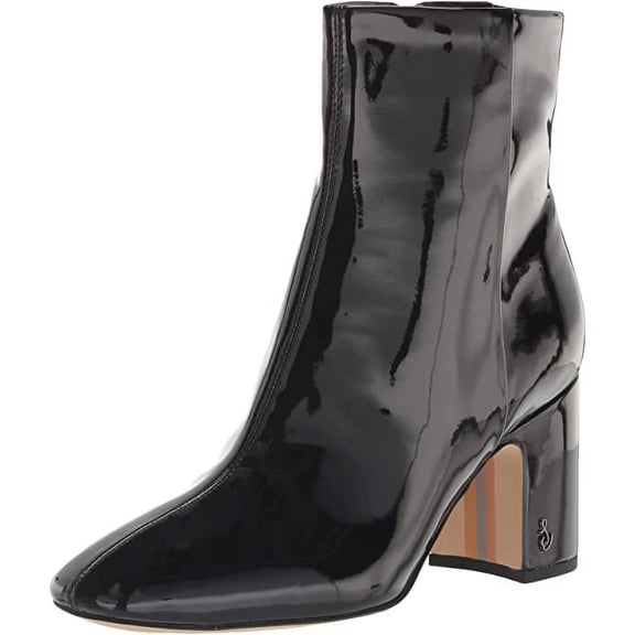 Sam Edelman Fawn 2 Black Patent Stacked Block Heel Square Toe Fashion Ankle Boot (Black Patent, 5)