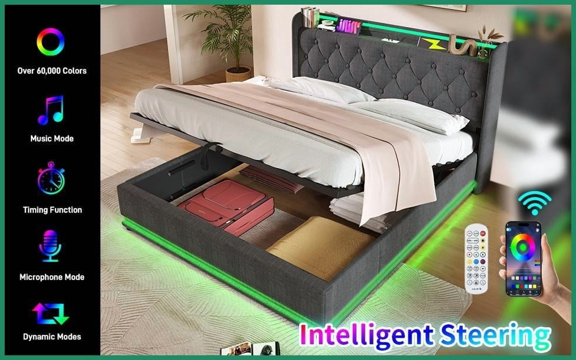 King Size Linen Upholstered Hydraulic Storage Bed Frame with 360 LED & USB-C, Gray, No Box Spring Needed for Master Bedroom