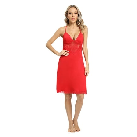 Xmarks Sleepwear Sexy Lingerie Nightgown Lace Chemise Satin Slip Silk Negligee Nightie Bridal Babydoll for Women Red US 10