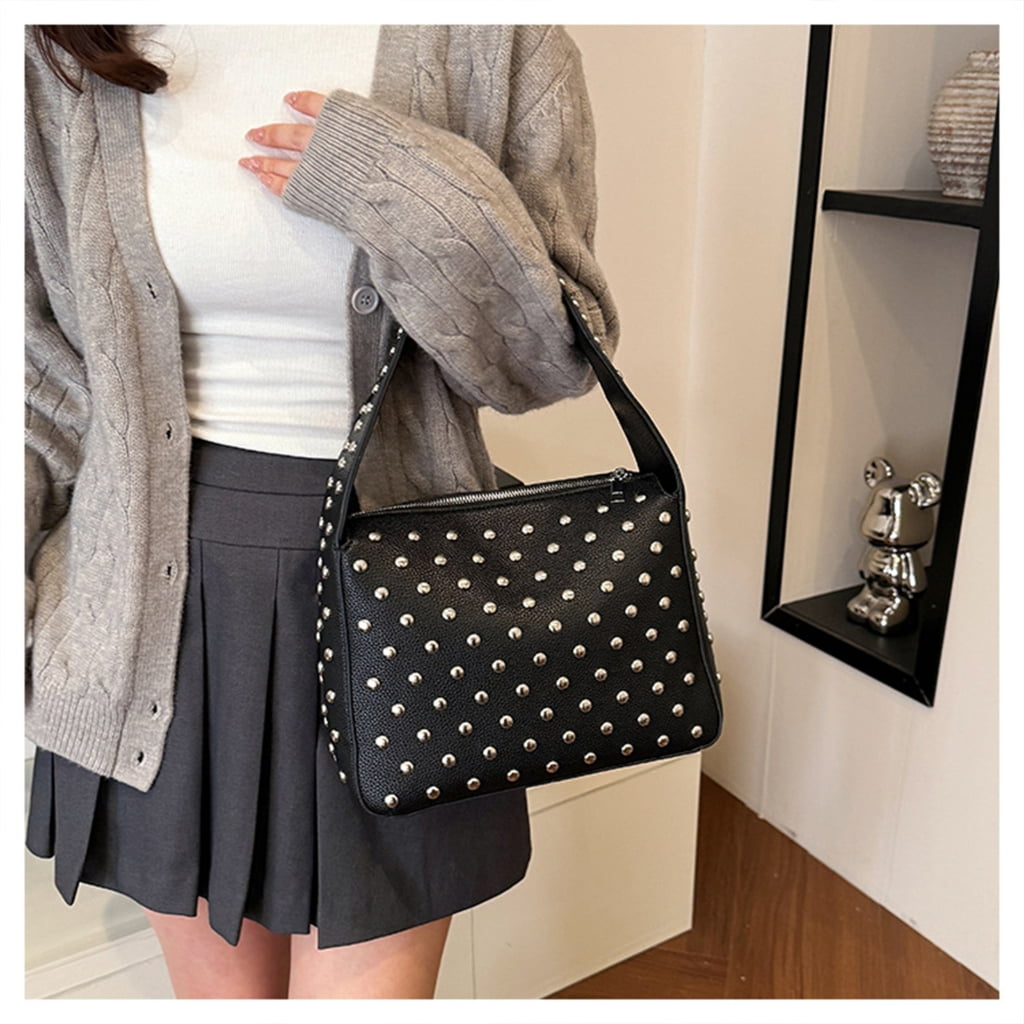 Necvior Studded PU Underarm Purse Shoulder Bag Retro Punk Style 90s Small Zippered Handbag for Women Fashion Streetwear