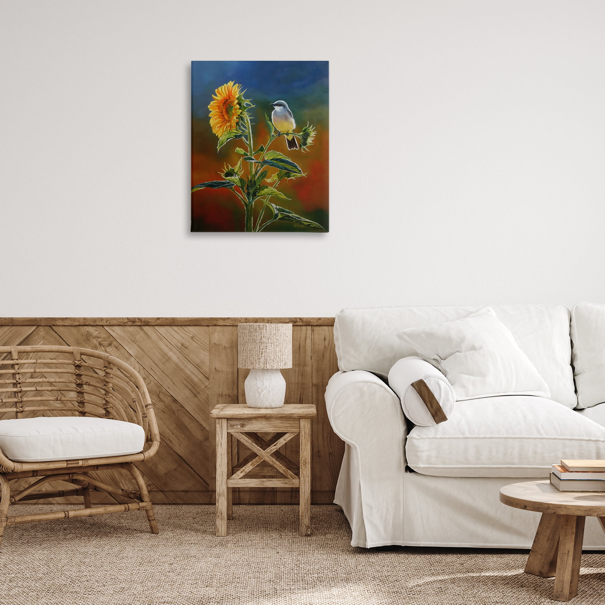 Stupell Industries Western Kingbird & Flower Plants & Flowers Painting Wrapped Canvas Art Print Wall Art, 24 x 30