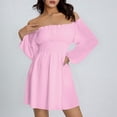 thumbnail image 6 of Laqbezok Women's Off Shoulder Ruffle Mini Dress, Long Lantern Sleeve Smocked Waist Sundress, Solid Color Casual A-Line Dress for Party Club, 6 of 8