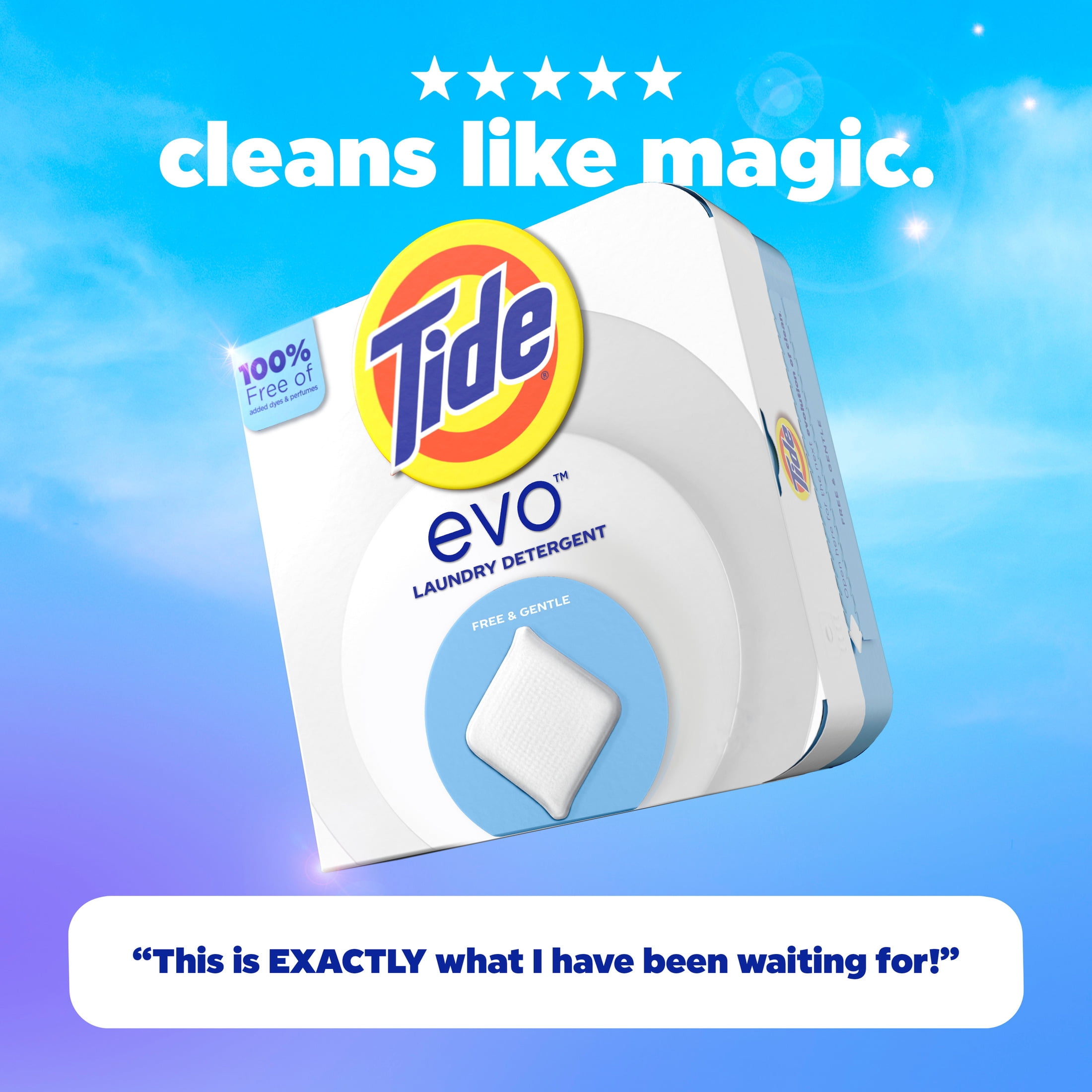 Tide Evo Free & Gentle Laundry Detergent Tiles, Works on 100% of Common Stains, Unscented, 22 Count