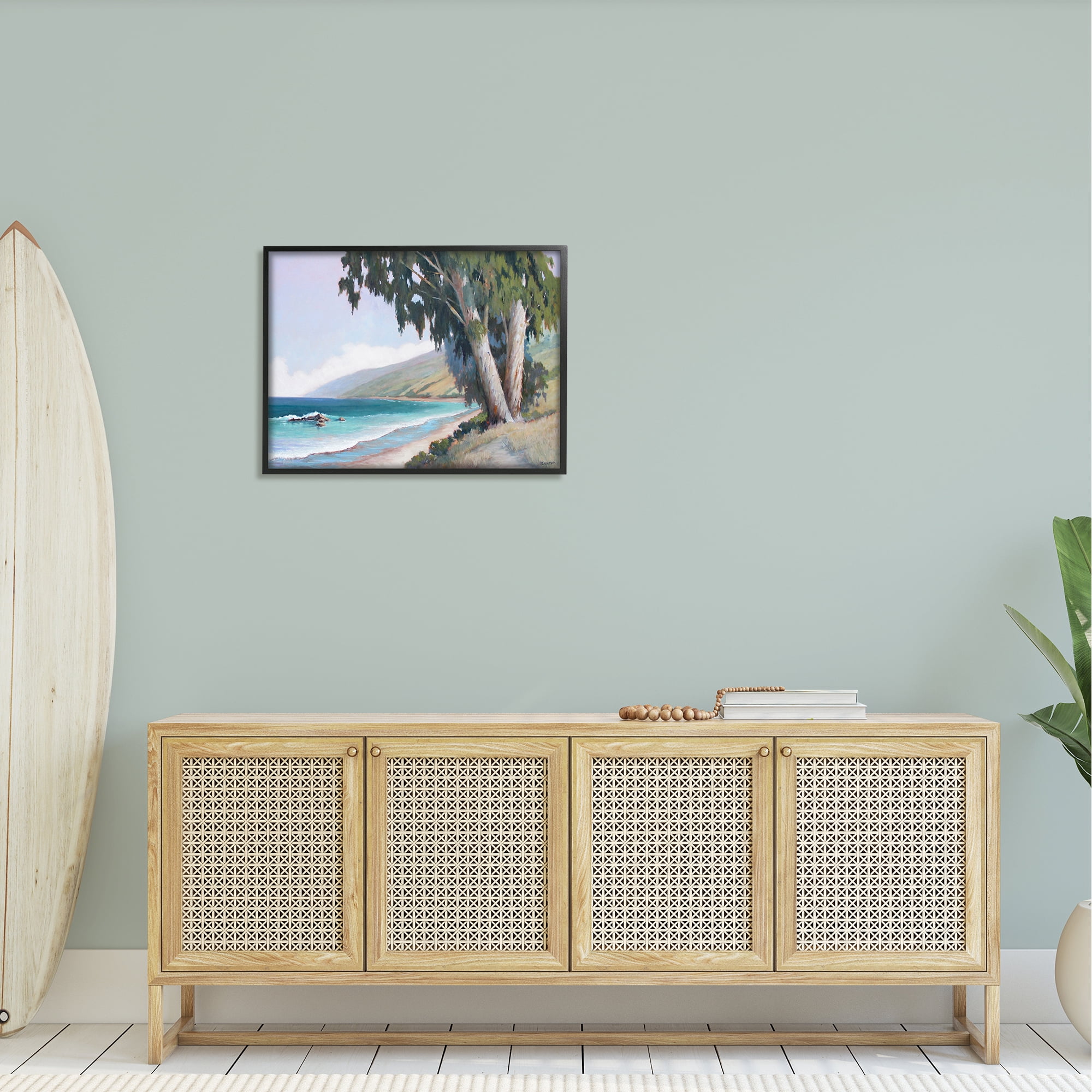 Stupell Seaside Vegetation Beach Waves Cove Landscape Painting Black Framed Art Print Wall Art