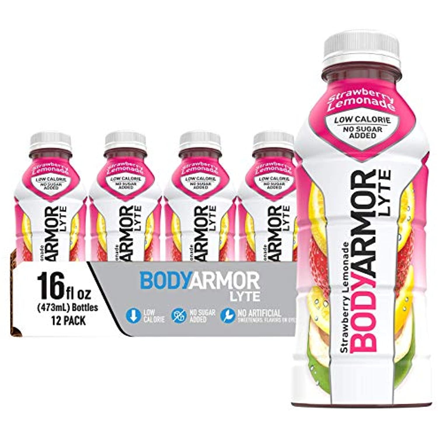 Bodyarmor Lyte Sports Drink Low-Calorie Sports Beverage, Strawberry Lemonade, Natural Flavor With Vitamins, Potassium-Packed Electrolytes, No Preservatives, Perfect For Athletes 16 Fl Oz (Pack Of 12)