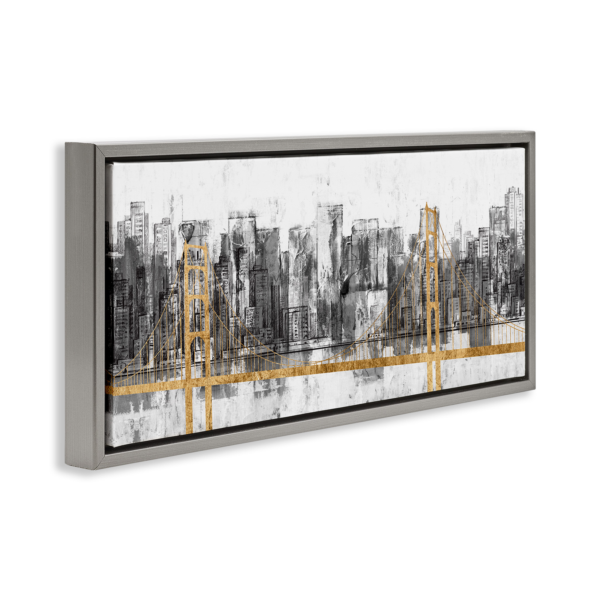 Stupell Industries Urban Golden Bridge Cityscape Abstract Painting Gray Floater Framed Canvas Art Print Wall Art, 25 x 11