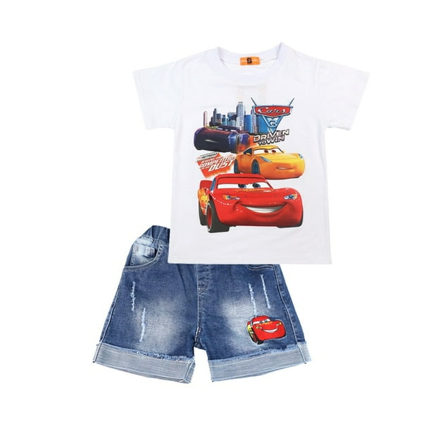 2023 New Boys Set Cartoon Summer Cotton Kids T-shirtDenim Shorts Trajes para niños Traje Ropa Car McQueen 3-8 Y110 (3T-4T) Gao Jinjia LED