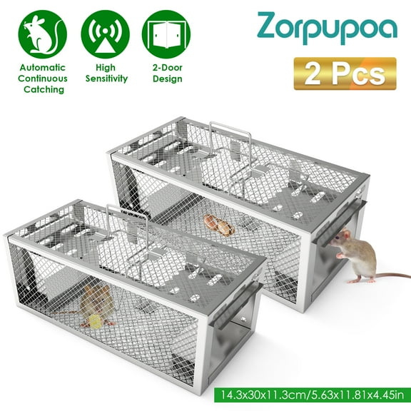 Zorpupoa 2Pc 2-Door Humane Rat Trap Automatic Continuous Mouse Trap Reusable Galvanized Iron Live Animal Cage11.81x5.63x4.45In Silver