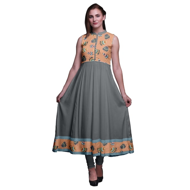 Bimba Robe Anarkali à Feuilles de Pêche Claire, Col Mandarin, Sans Manches, Kurtis pour Femmes, Imprimé, Robe Maxi, Moyen