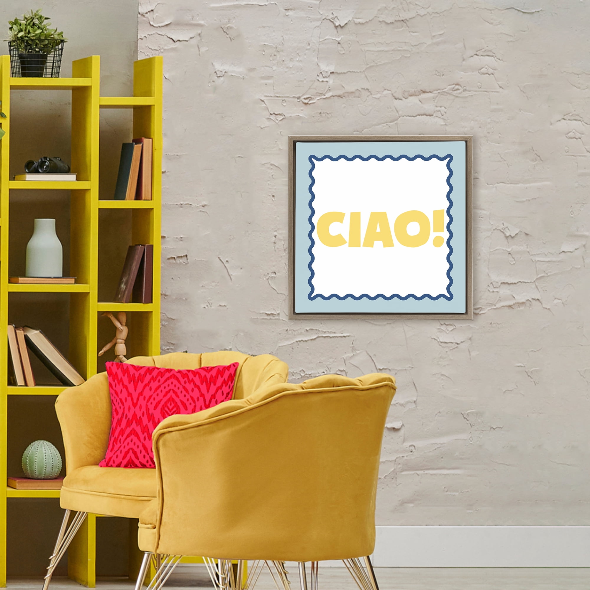 Stupell Industries CIAO! Bold Yellow Typography Brown Framed Floater Canvas Wall Art, design by SD Graphics Studio