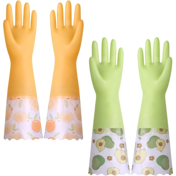 2 Pairs Long Dishwashing Gloves Rubber Cleaning Glove with Cotton Lined, Reusable Non-Slip Kitchen Gloves Waterproof Latex Free Household Glove for Cleaning Laundry Working Gardening Cooking