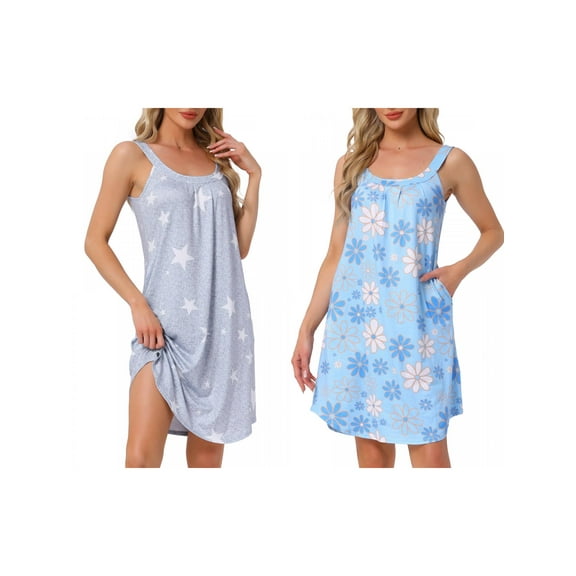 NOMADIC NOOK Womens 2 Pack Nightgown Sleeveless Sleepwear Printed Scoopneck Tank Dress Wide-Strap Sleep Shirt with Pockets X-Small Blue Flowers/Gray Stars