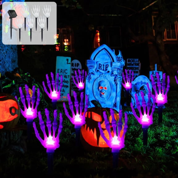 Solar Halloween Skeleton Hand Stake Lights Purple LED Solar Pathway Lights Outdoor Halloween Decorations Skeleton Hand Garden Stakes for Yard Graveyard Ghost House Walkway Lawn Decor