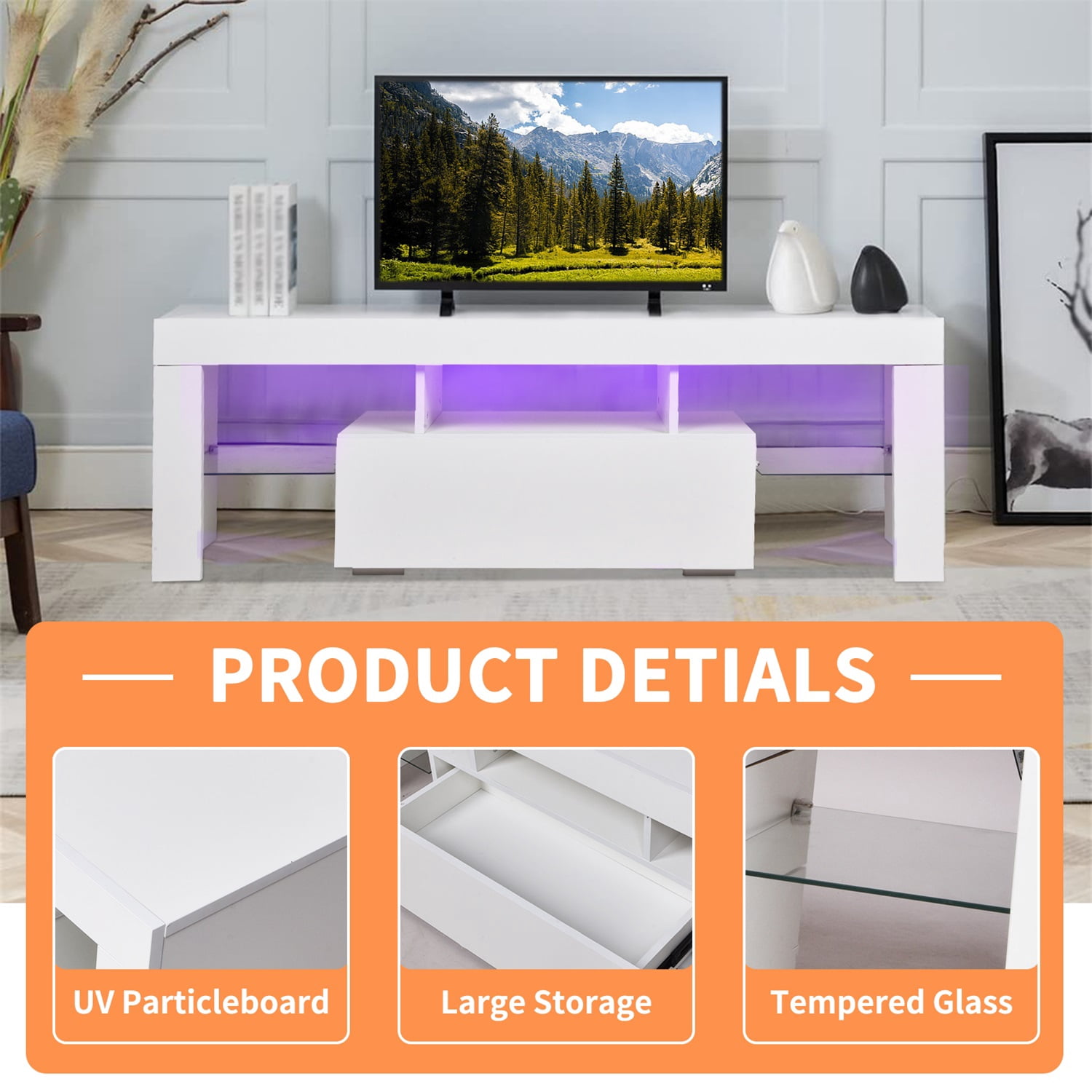 Hommoo Modern TV stand with LED Lights, TV Media Console Entertainment Center with Drawer, Storage TV cabinet with Glass Shelf for 55 Inch TV, White