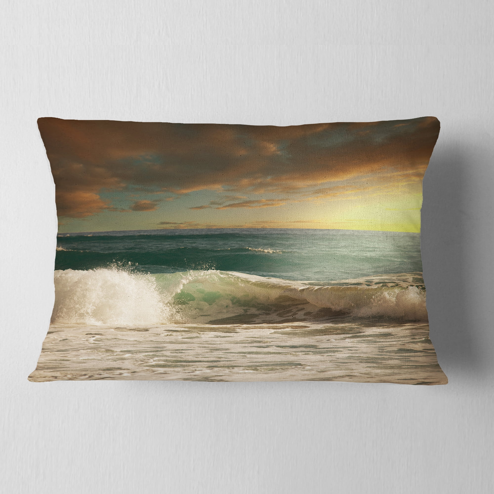 Designart Rushing Waves under Heavy Clouds - Beach Photo Throw Pillow - 12x20