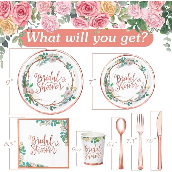 YUYAN-Rose Gold Bridal Shower Decorations, 168Pcs Bridal Shower Plates and Napkins Sets, Floral Paper Plates Serve 24, Love is In Bloom, Bride To Be, Wedding Shower, Bachelorette Party