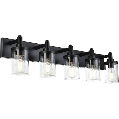 

5-Light Vanity Light Black Bathroom Lighting Fixtures Over Mirror with Clear Glass Shade Wall Mount Light Fixture E26 Modern Metal Wall Lights for Hallway Kitchen Bedroom Living Room Hallway