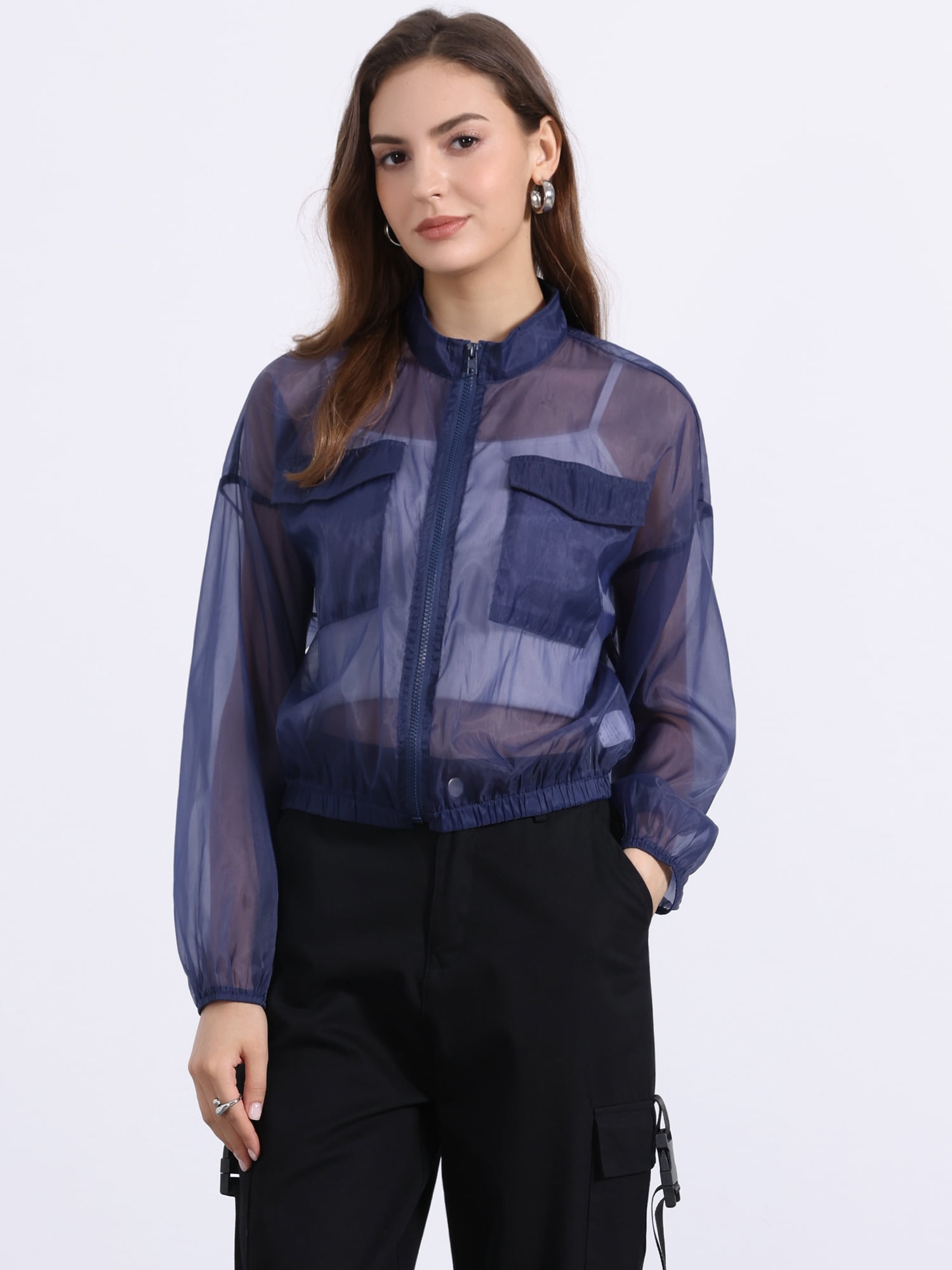 DARING DIVA Women's Sheer Bomber Zip Up Long Sleeve See Through Jackets S Dark Blue