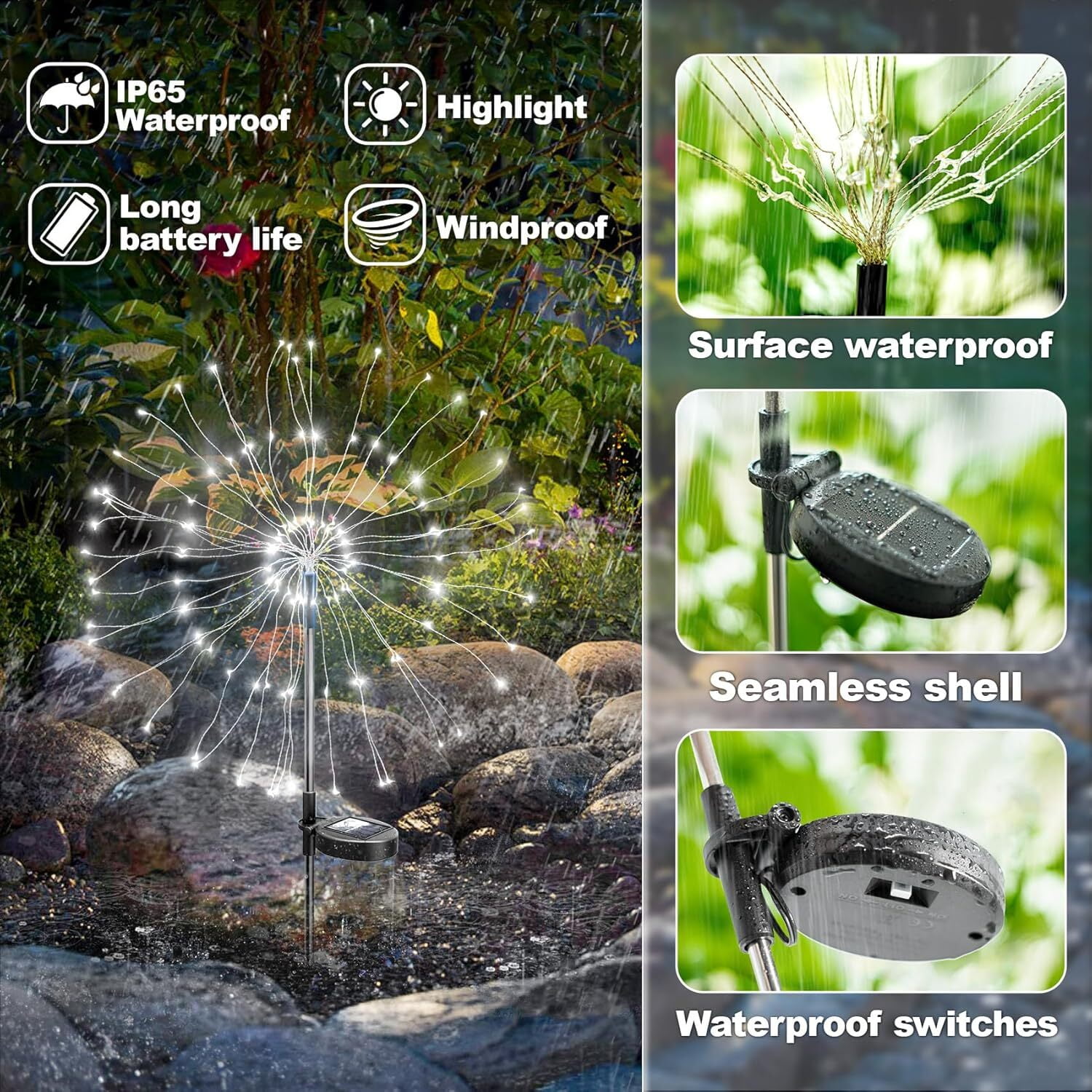 Solar Garden Firework Lights Outdoor Waterproof, 2 Pack Solar Powered Art Stake Twinkle Lighting for Outside Decor, 120 LED Sparklers String Lights for Yard Pathway Decorations(White)