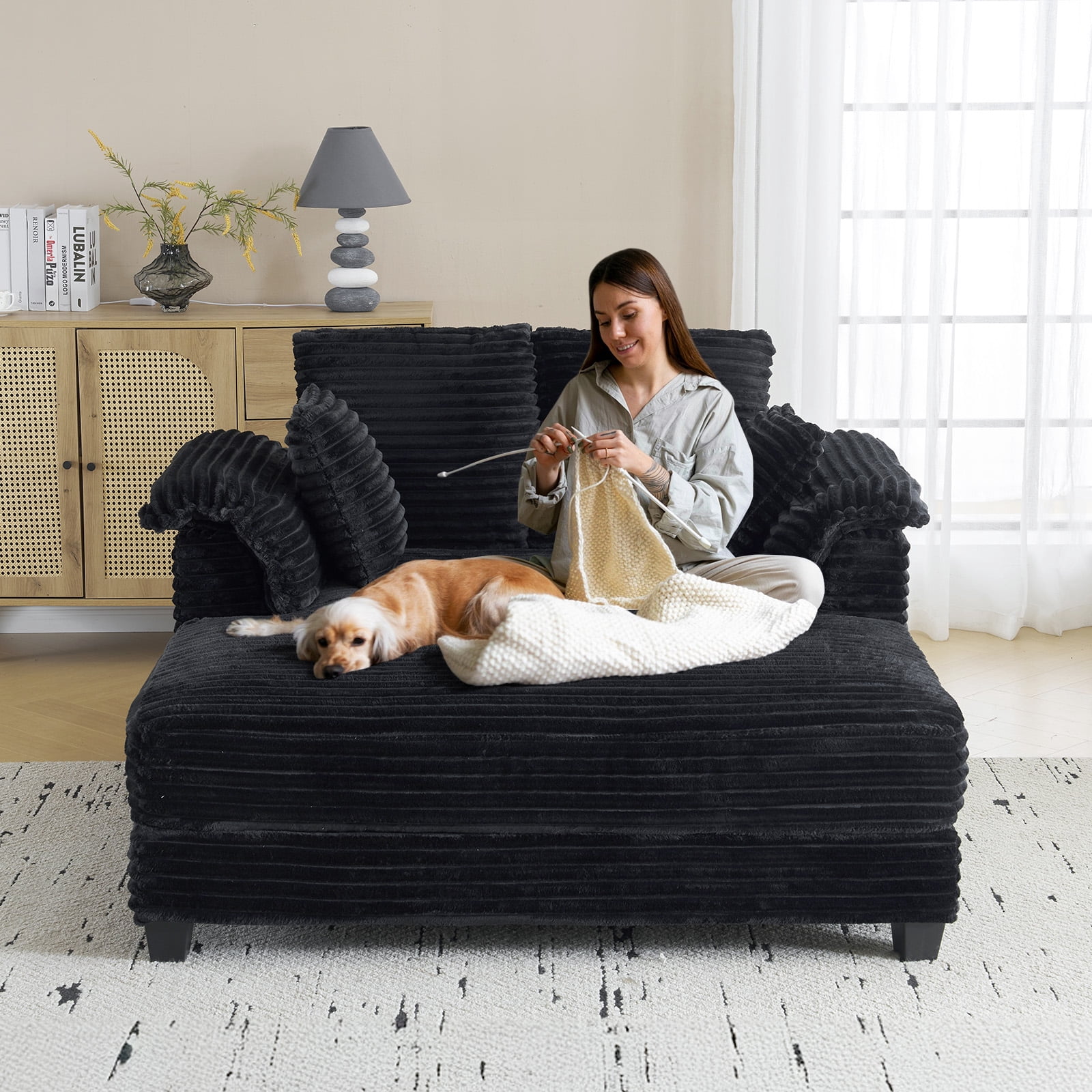 Ktaxon Corduroy Sofa Bed, Upholstered Comfy Sleeper with Pillow Arms, Lounge Chair with Lumbar Support Pillows, Ideal for Small Spaces Black