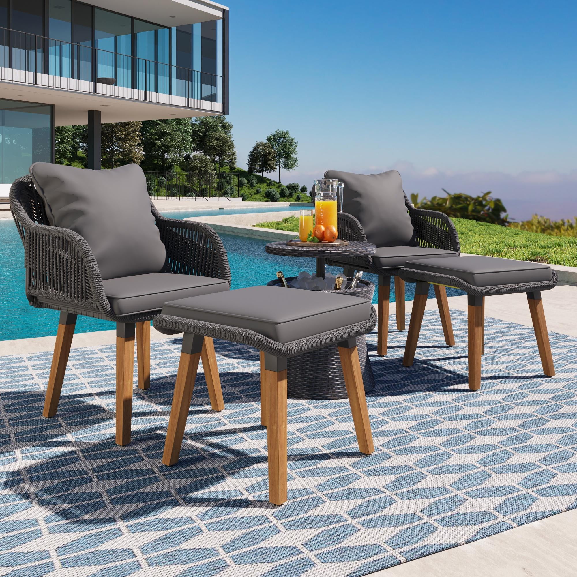 5 Piece Wicker Patio Furniture Set, Rattan Patio Chair Set with Ottoman and Wicker Cool Bar Table, Outdoor Furniture Set with Gray Seat Cushion for Garden, Backyard, Porch, Balcony, Poolside