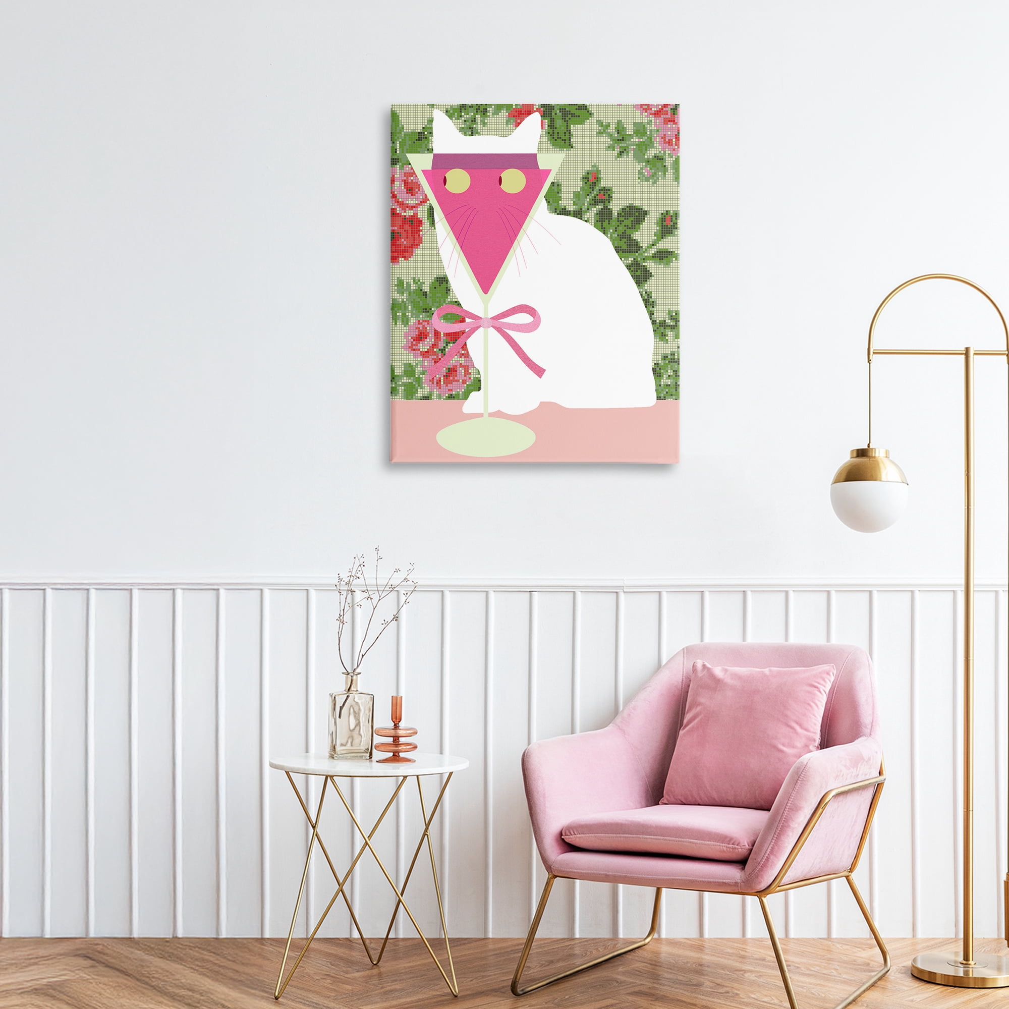 Stupell Industries White Cat with Pink Martini Canvas Wall Art, design by Lil' Rue