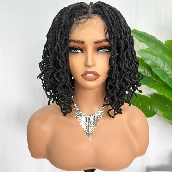 SOKU Perruque Courte Bouclée Faux Locs en Dentelle Frontale 12 Pouces Noir Naturel 4x4 Grand Espace de Séparation Torsade Dreadlock Perruques pour Femmes Noires Afro Bouclé Tressé Perruque Synthétique