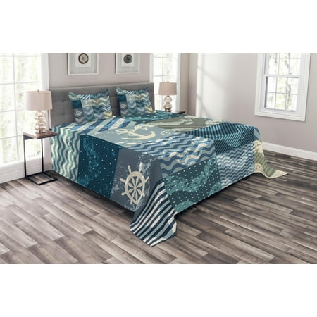 Nautical Patchwork Quilt Nautical Bedspread Set, Marine Theme Wave Patterns in Patchwork Style Boxes Squares Striped Anchor Print, Decorative Quilted Coverlet Set with Pillow Shams Included, Blue Beige, by Ambesonne ()