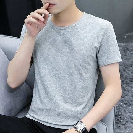 

ALSLIAO Stretch Round-Neck Basic Tops Mens Seamless Thin Undershirts Summer T Shirt Grey 2XL
