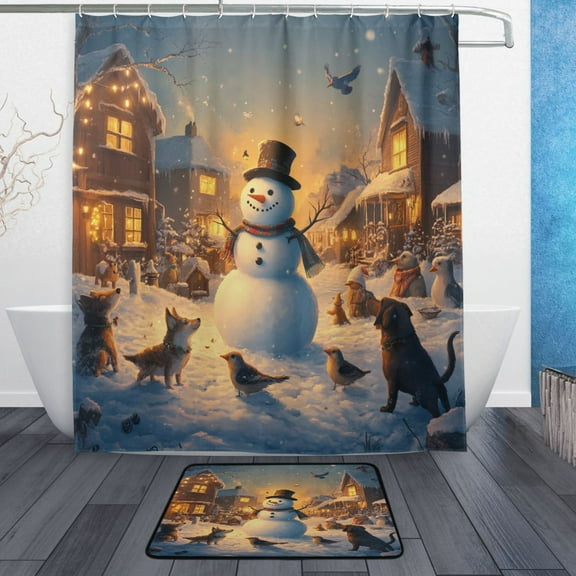 Bath Curtain & Non-Slip Bath Mat Set 12-Grommet Shower Curtain Memory Foam Bath Rug Snowman and Animals