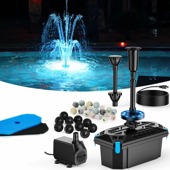 POPOSOAP 660GPH All in One Pond Filter and Pump Kit with RGB LED Lights and Fountain Heads, 40W