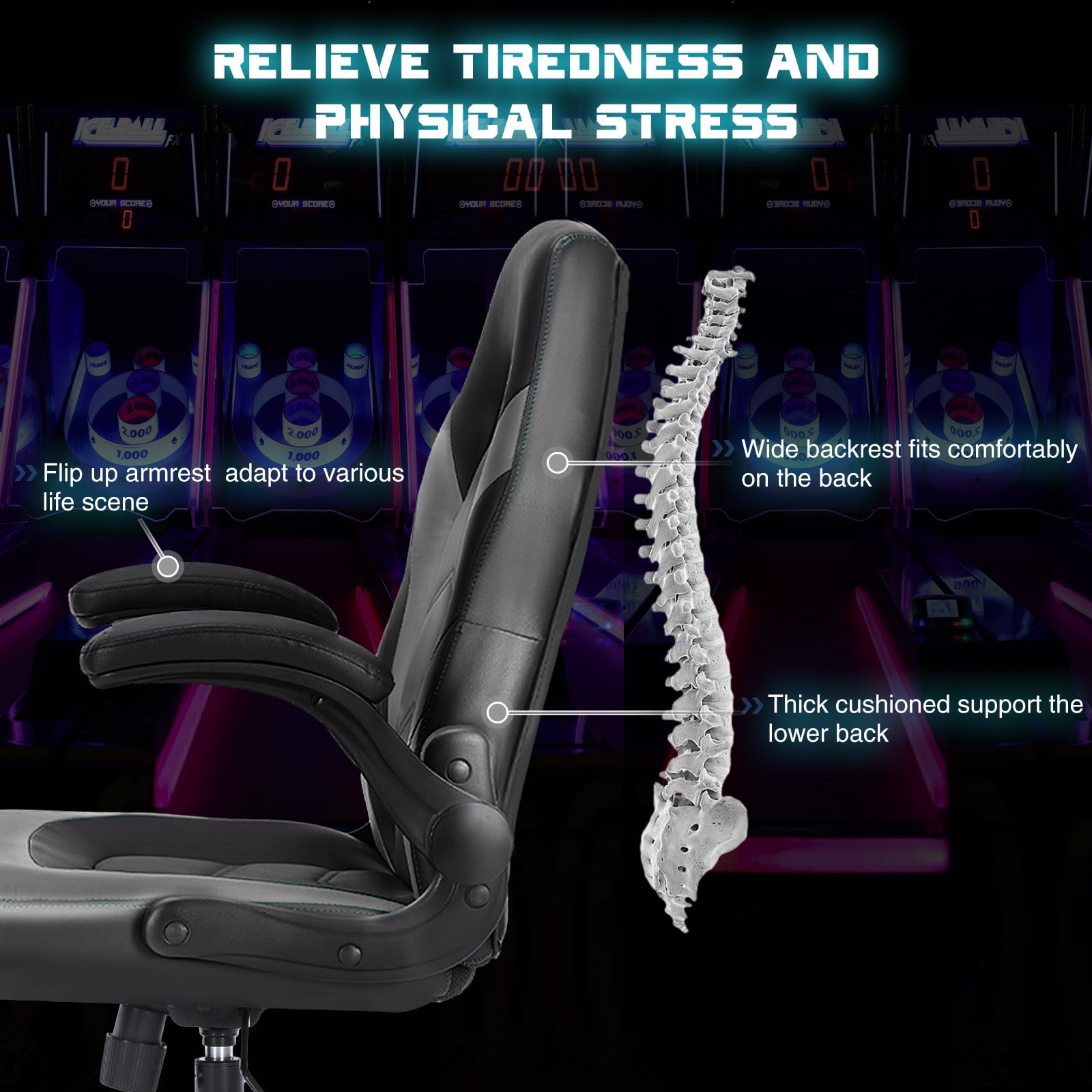 Mayoume Computer Gaming Chair - Ergonomic PU Leather Desk Chair with Comfy Lumbar Support, Height Adjustable 360° Rolling with Flip-up Armrest, for Home and Office, Adults