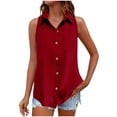 thumbnail image 3 of yoeyez Cotton Linen Tank Shirts for Women Sleeveless Laple Collared Tops Solid Color Button Up Blouses Work Shirts Casual Summer Tshirt Red,S, 3 of 7