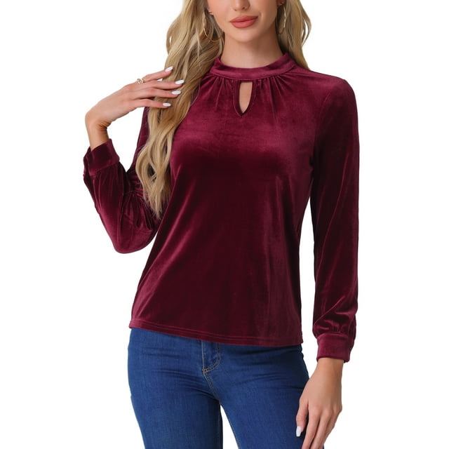 Blusa elegante casual de terciopelo para mujer con cuello alto y mangas largas en color burdeos XS