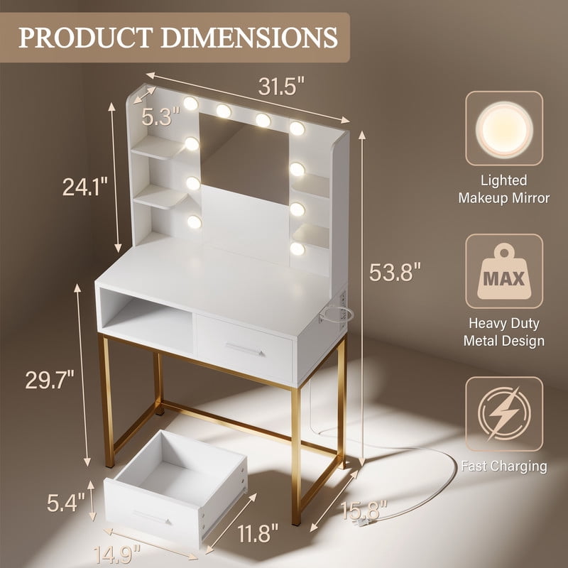 Treevan White & Gold Makeup Vanity Desk with Hollywood LED Mirror, Charging Station, 3 Color Dimmable Lights for Bedroom