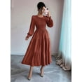thumbnail image 5 of Autumn Women'S Long Sleeve Ruffled Round Neck Layered Flowing Wedding Guest Maxi Dress Brown L, 5 of 7