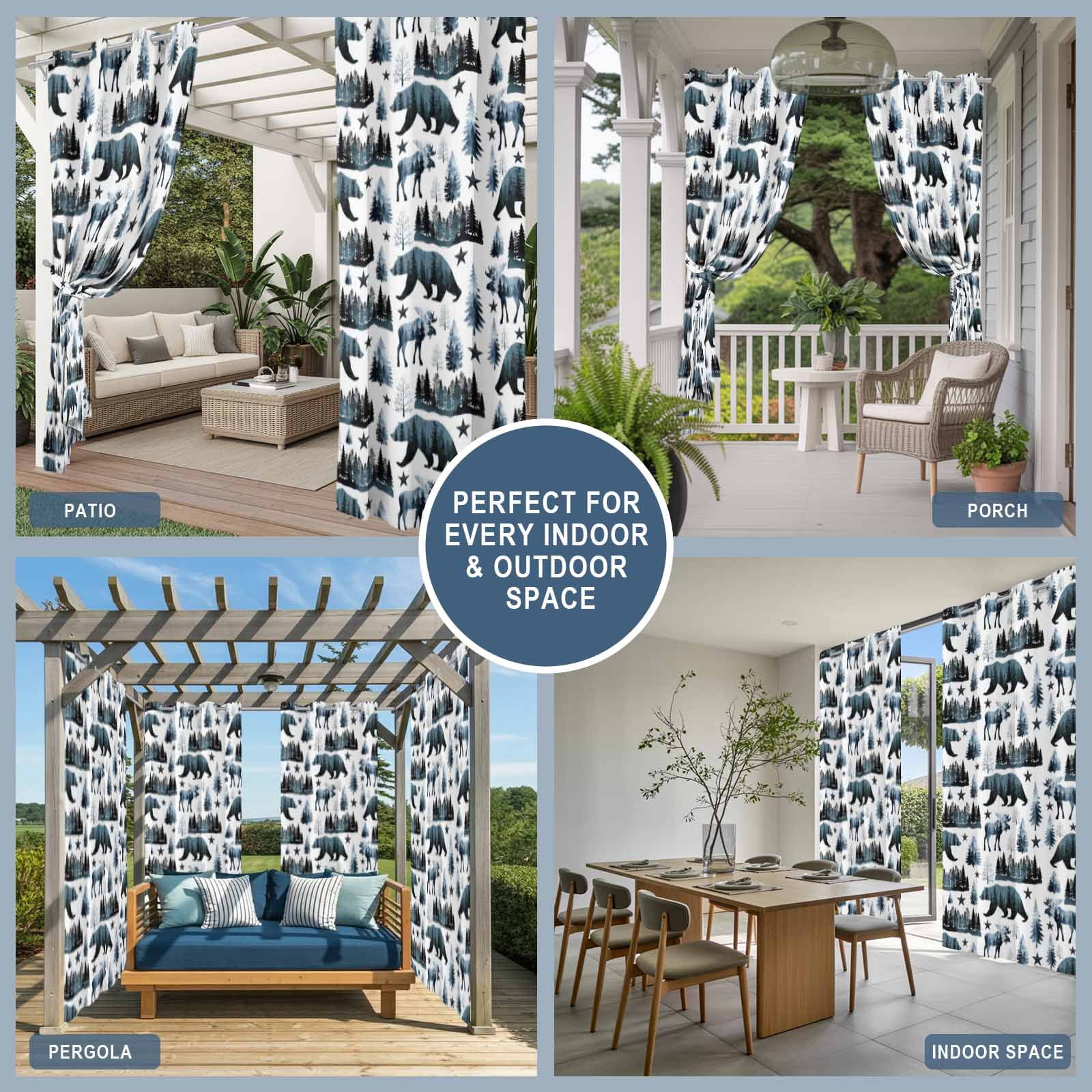 Grizzly Bear Outdoor Curtains for Patio, Country Forest Dark Green Beige Animals Pine Trees Star Sunshade Privacy Drapes Grommet Waterproof Outside Curtains for Porch/Cabana/Balcony 54"x108", 1 Panel
