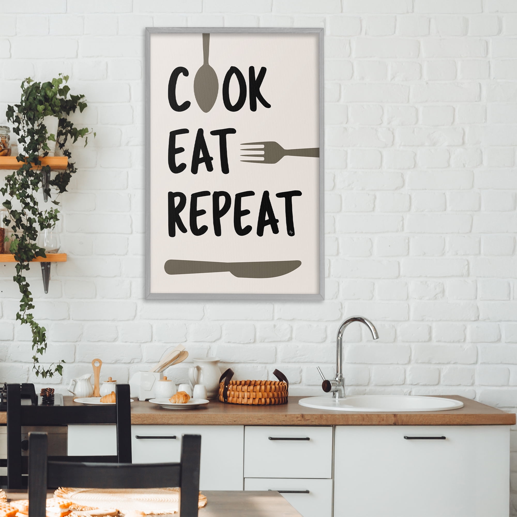 Stupell Industries Cook Eat Repeat with Utensils Gray Framed Giclee Art, design by Martina Pavlova