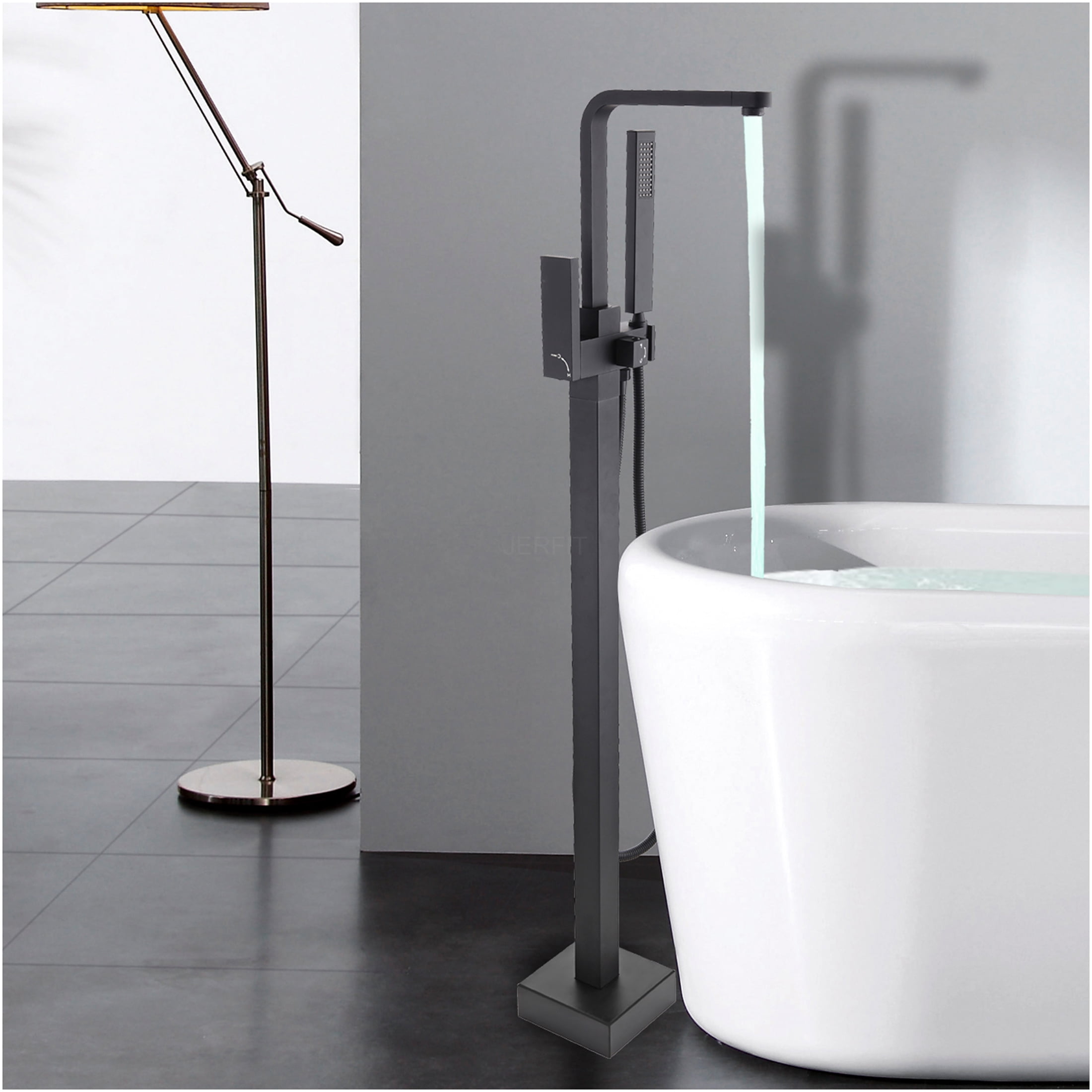 JERFIT Matte Black Freestanding Tub Filler with Hand Shower, 3.9 GPM Modern Bathtub Faucet for Freestanding Tubs, Metal Construction