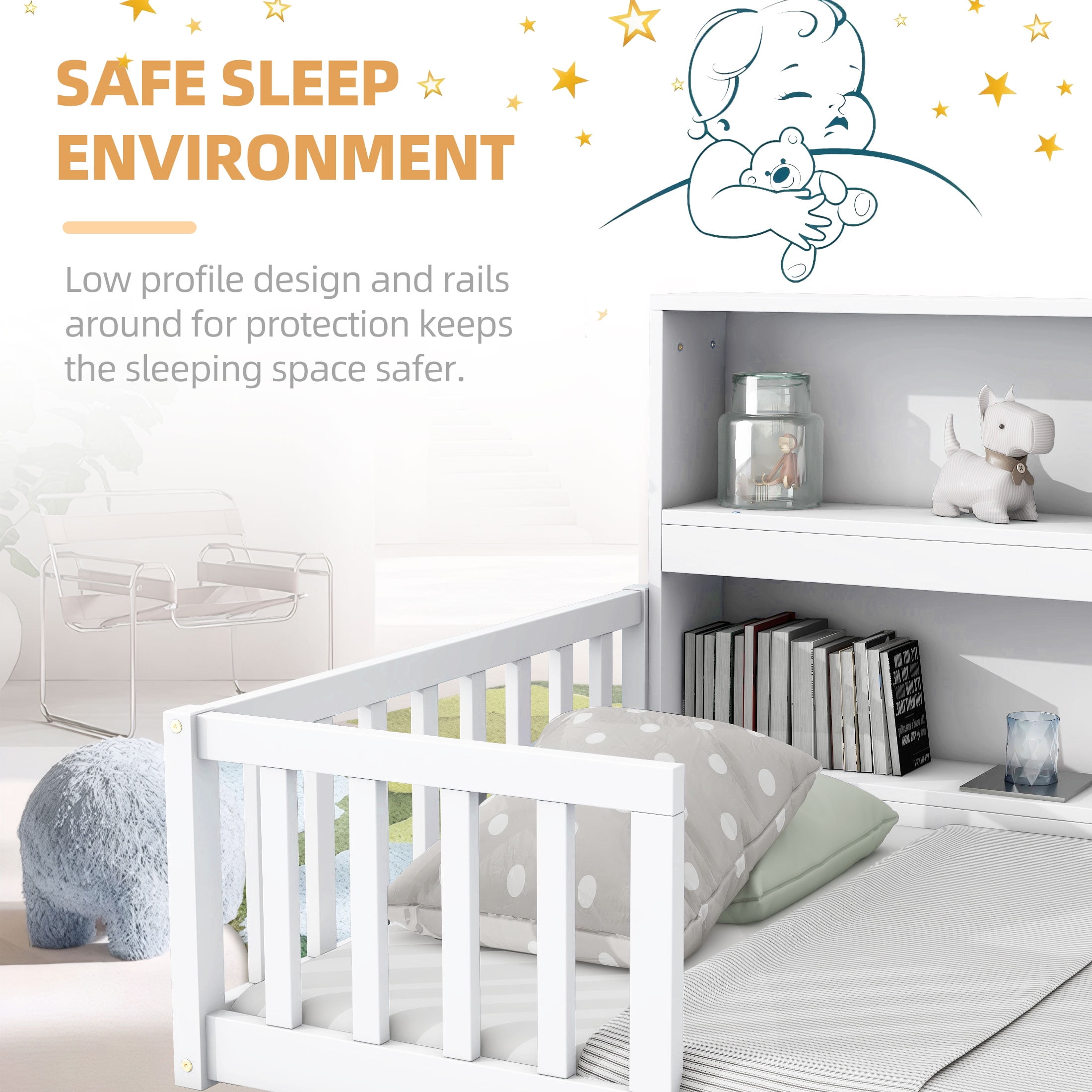 PORKISS Full Floor Bed Frame with Bookcase and Fence, Wood Kids Floor Bed with Storage Shelves, Montessori Bed, White